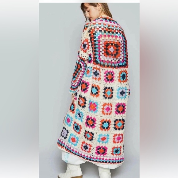 POL Sweaters - 🕓 POL | Crochet Granny Square Duster Kimono Sleeve | Multi | OS